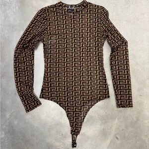 Windsor Sheer Mesh Monogram Print Bodysuit Long Sleeve Size M